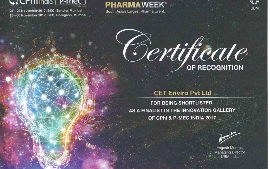Certification of Recognition from the event CPhl & P-MEC INDIA 2017!